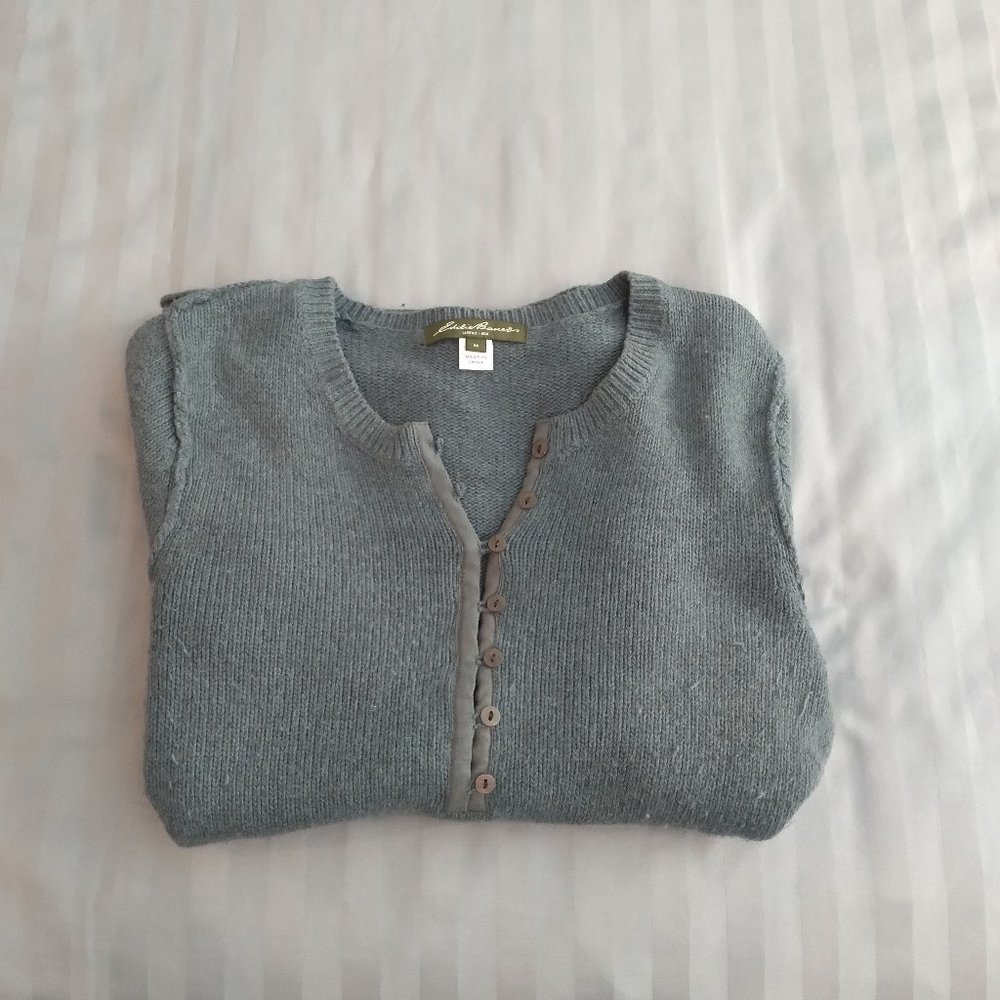 Eddie Bauer Half Button Front Womens Lg Sleeve V-Neck Sweater Green/Blue:Med